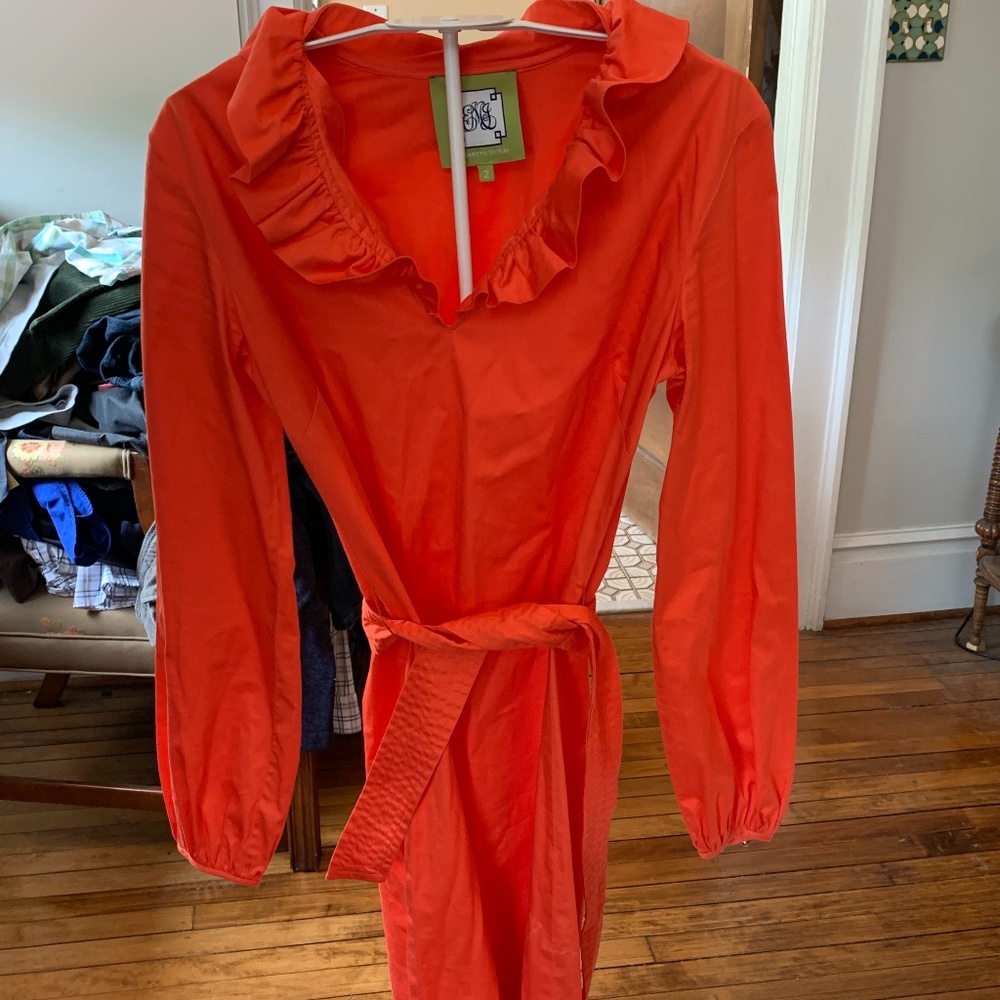 Elizabeth McKay orange-red ruffle color belted dress. Retail 160